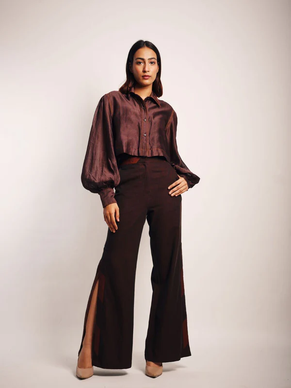 BROWN CROP SAREE SHIRT PANTS SET