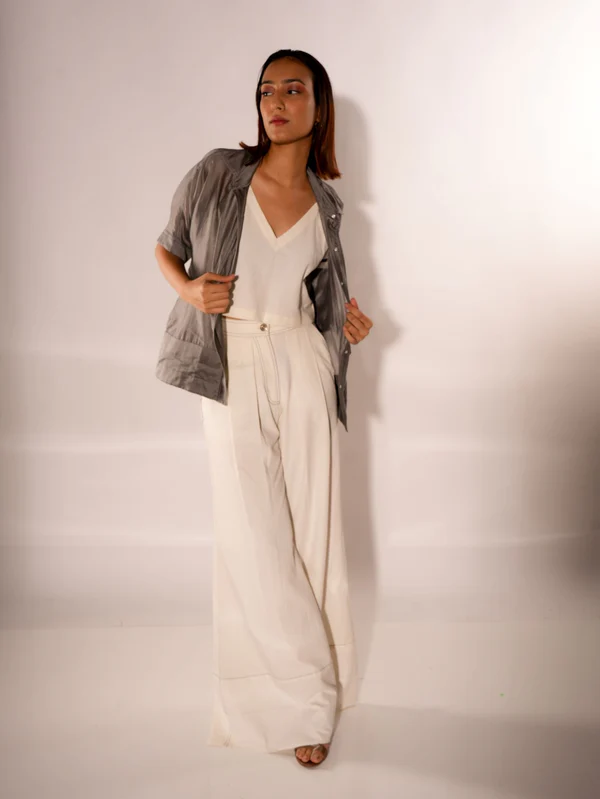 Grey Inverted U shirt and White Pleated Pants Set